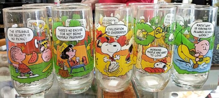 complete set of 5 Peanuts Camp Snoopy McDonald's Glasses