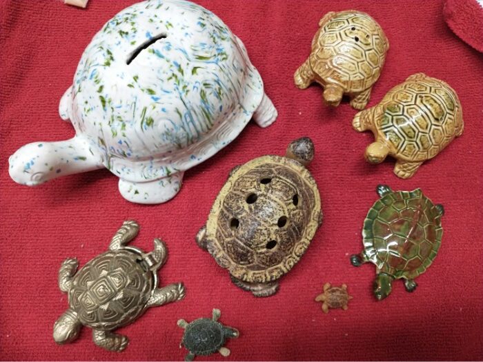 collection of turtles - salt and pepper shakers, bank, jewelry  holder, more