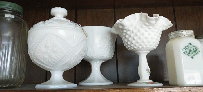 Beautiful milk glass pieces, covered candy dish, and beautiful bowls.