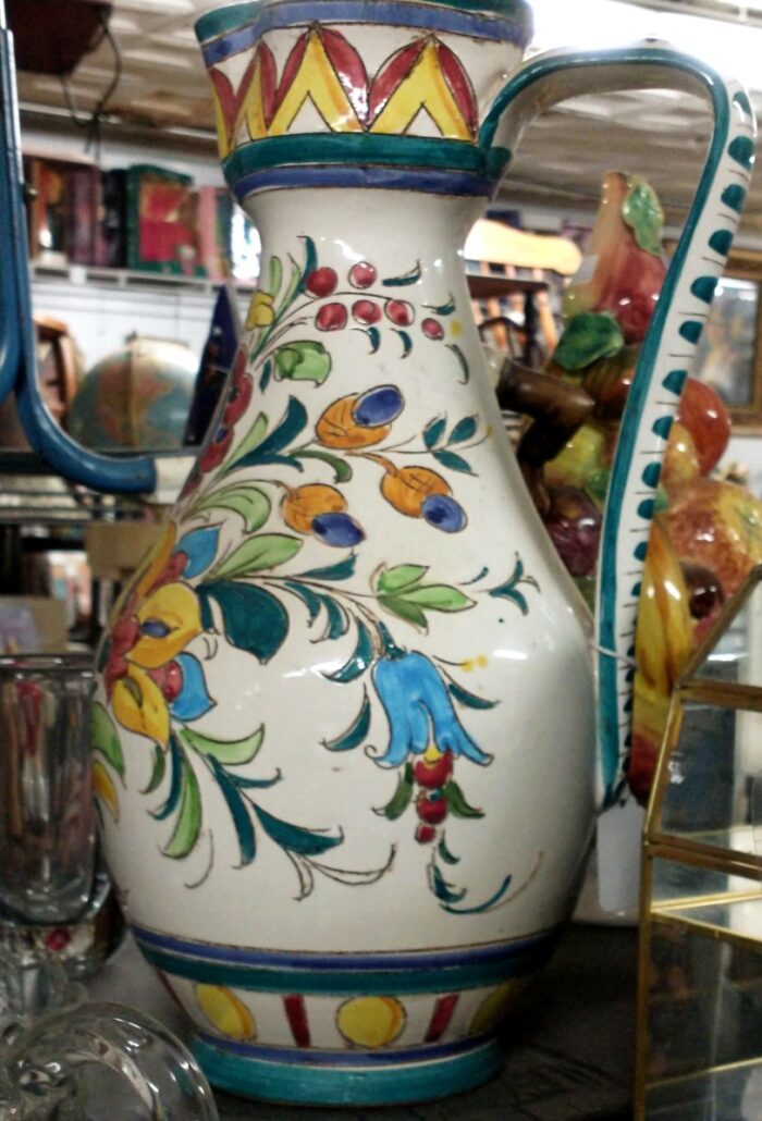 Italian Pottery Pitcher - flower pattern in orange and turquoise