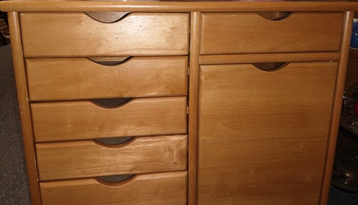 23"high - 29" wide - 13" deep - beautiful maple draws with shelf unit