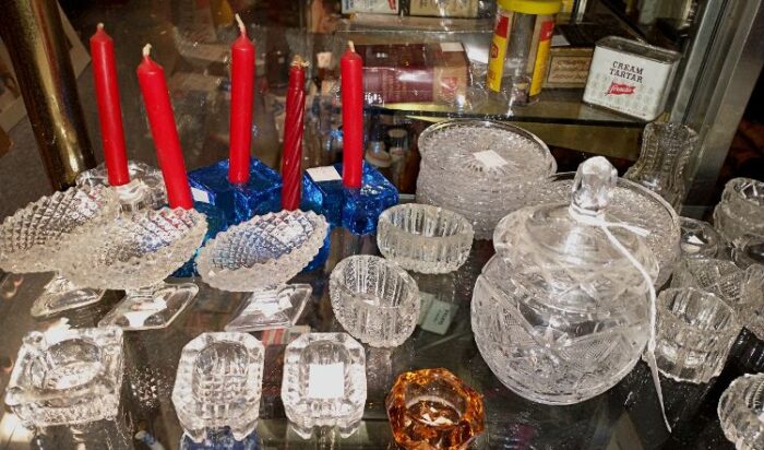 cut glass salt cellars, candy dishes, candle holders, etc