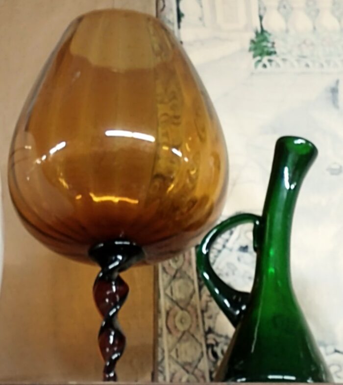 giant brandy snifter and green glass cruet