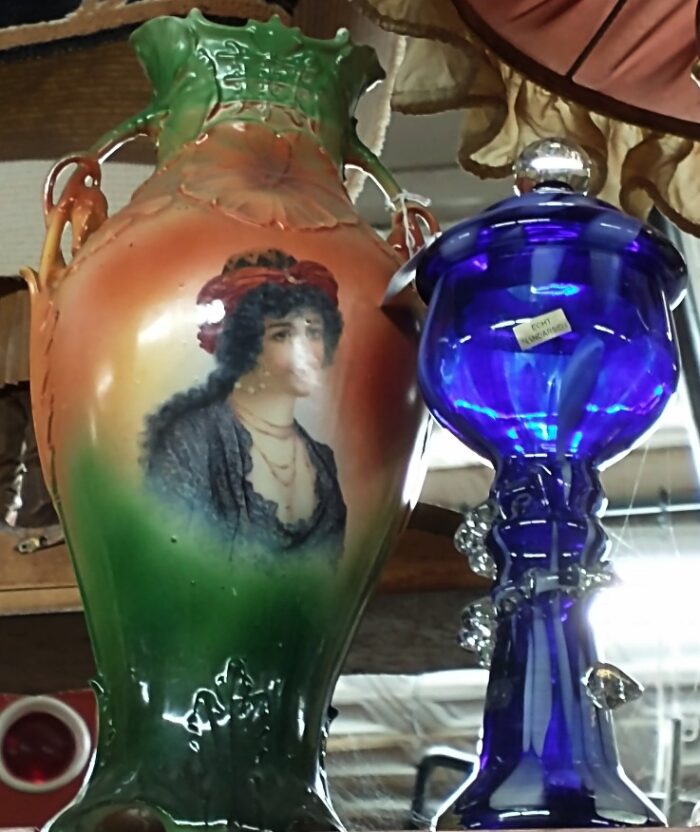 Austrian portrait vase and blue glass candy dish