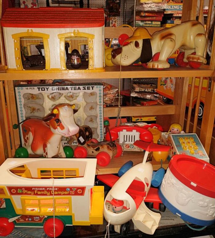 a fun collection of toddler toys - some Fisher Price - browse through them at Bahoukas Antique Mall