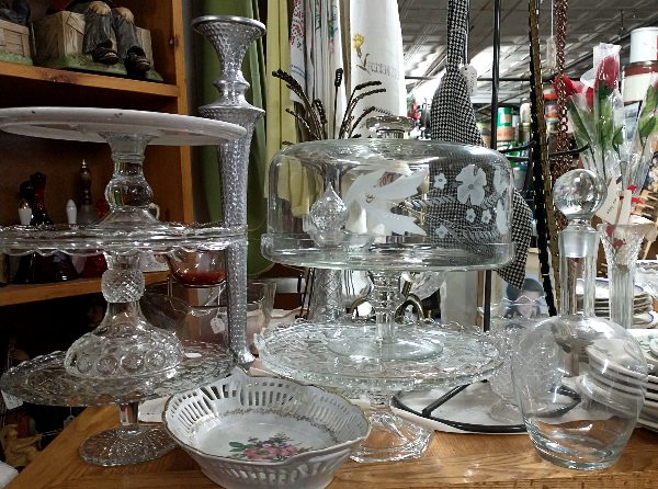 beautiful etched glass cake plate/cover and more at Bahoukas Antique Mall - perfect for your holiday gatherings