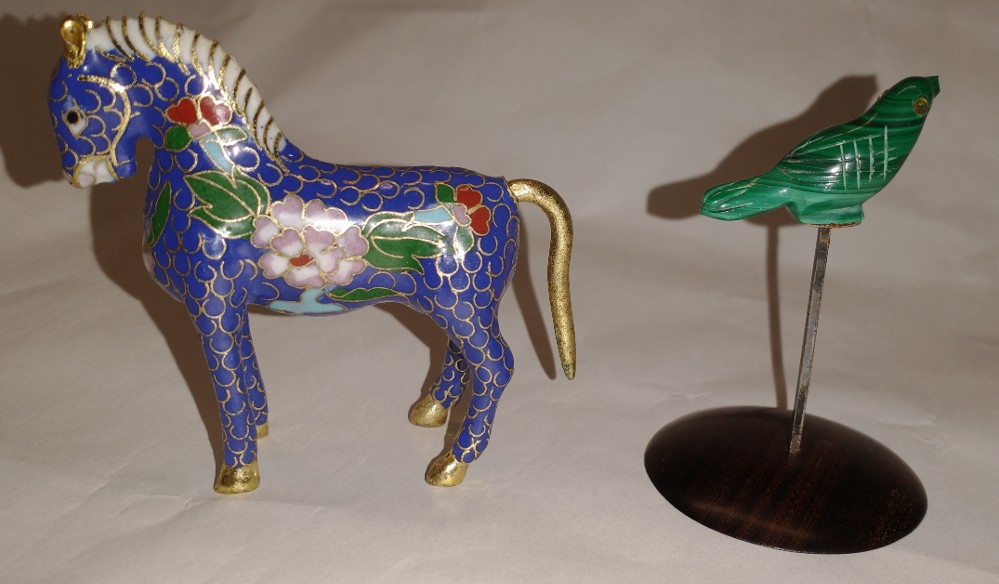Barely 2 inches tall, beautiful Cloisonne horse and bird figures