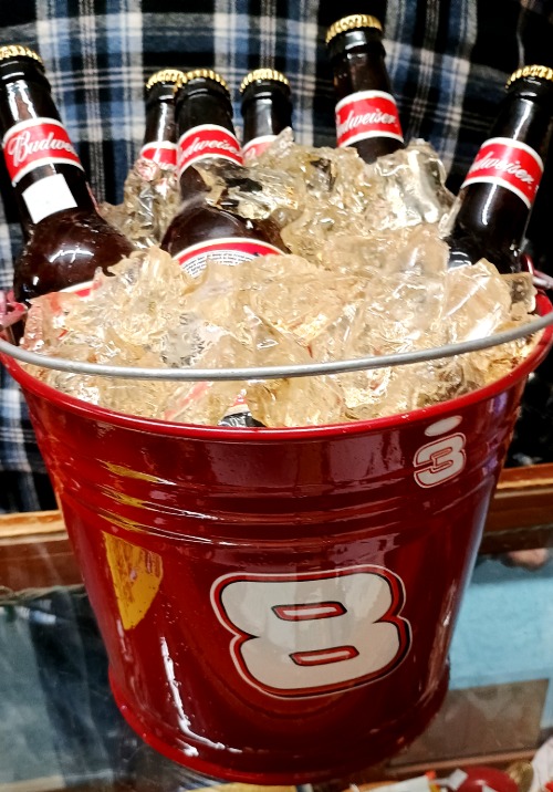 Fun Budweiser Promotional Piece - Red bucket of fake ice filled with Budweiser Beer (fake), includes Large number 8 in white for Dale Earnhardt Jr of Nascar fame - waiting for you at Bahoukas.com