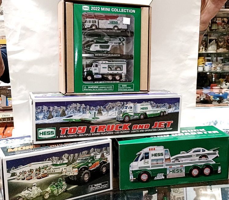 HESS TRUCKS - 2022 MINI COLLECTION and many new regular-size trucks - all available at BAHOUKAS ANTIQUES in Havre de Grace