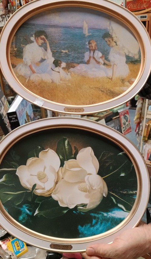 Beautiful Sunshine Biscuits tins with 2 paintings from American Classic Artists on each at Bahoukas Antiques in Havre de Grace MD