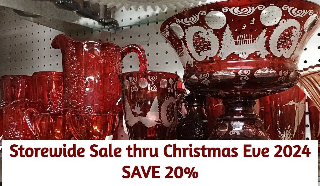 2024-Storewide Sale Through Christmas Eve - 20% off - Image is Ruby Red Glassware - all at Bahoukas Antique Mall and Beer MuZeum in Havre de Grace MD