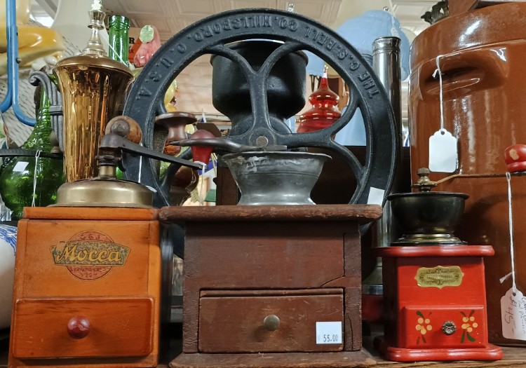 Coffee Grinders and Tins make unique Holiday Gifts available at BAHOUKAS ANTIQUE MALL in Havre de Grace MD