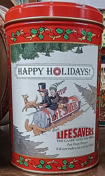 Beautiful holiday LifeSavers Tin - perfect for filling with your favorite cookies and gifting - available at BAHOUKAS ANTIQUE MALL in Havre de Grace MD