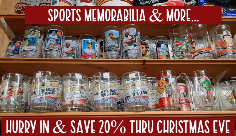 Sports memorabilia is very collectible and fun to give as a holiday gift. See our collection at BAHOUKAS ANTIQUE MALL in Havre de Grace MD