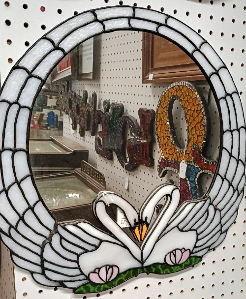 Beautiful Stained Glass Gifts from a local family - swan mirror - available at BAHOUKAS ANTIQUE MALL in Havre de Grace, MD