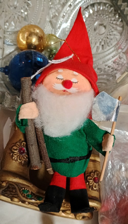 Holiday-Christmas-Decor-Elf-Ornament-with-ax-and-wood-available at BAHOUKAS ANTIQUE MALL in Havre de Grace