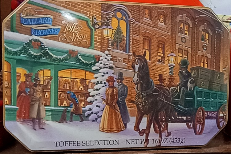 Beautiful holiday scene Tin - perfect for filling with your favorite cookies and gifting - available at BAHOUKAS ANTIQUE MALL in Havre de Grace MD