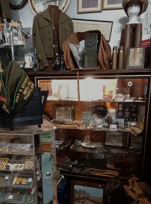 A very special Military Collectibles section including this section and case of military collectibles from Civil War through WWII can be enjoyed at BAHOUKAS ANTIQUE MALL in Havre de Grace, MD