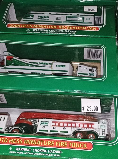 Mini-Hess-Truck-Collections are hard to find but we have some at BAHOUKAS ANTIQUE MALL in Havre de Grace.