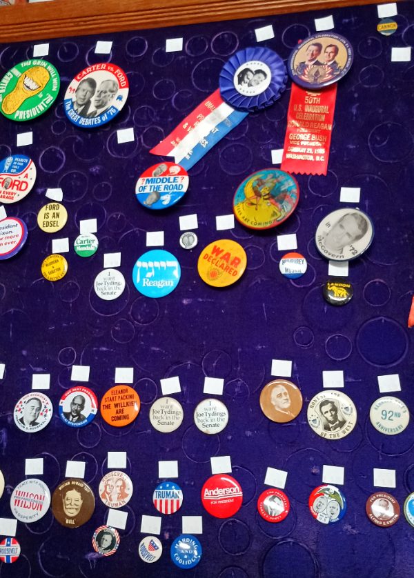 Political pins from 1976 for CARTER vs FORD and more - available at BAHOUKAS ANTIQUE MALL in Havre de Grace, MD