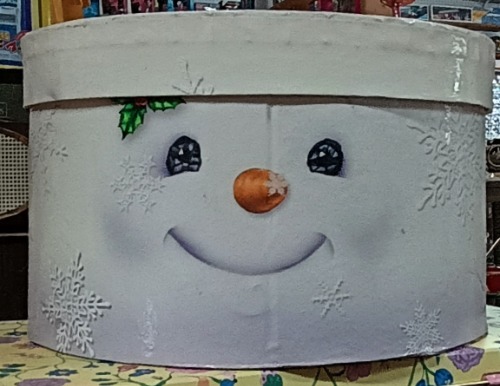 Beautiful snowman holiday Tin - perfect for filling with your favorite cookies and gifting - available at BAHOUKAS ANTIQUE MALL in Havre de Grace MD