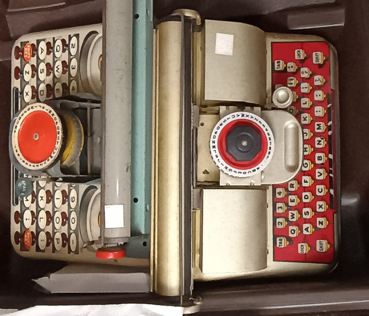 1950s Berwin Toy Typewriter - intriguing collectible available at BAHOUKAS ANTIQUE MALL in Havre de Grace MD