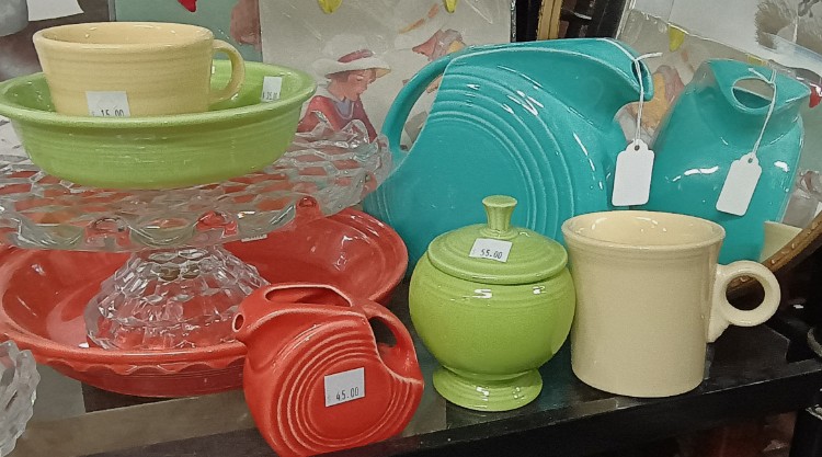 Colorful vintage Fiestaware available at BAHOUKAS ANTIQUE MALL in Havre de Grace, MD