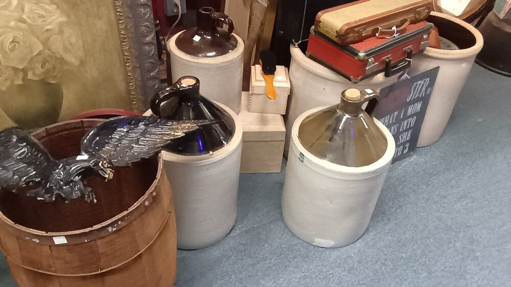 Crockery Jugs of all shapes and sizes available at BAHOUKAS ANTIQUE MALL in Havre de Grace, MD