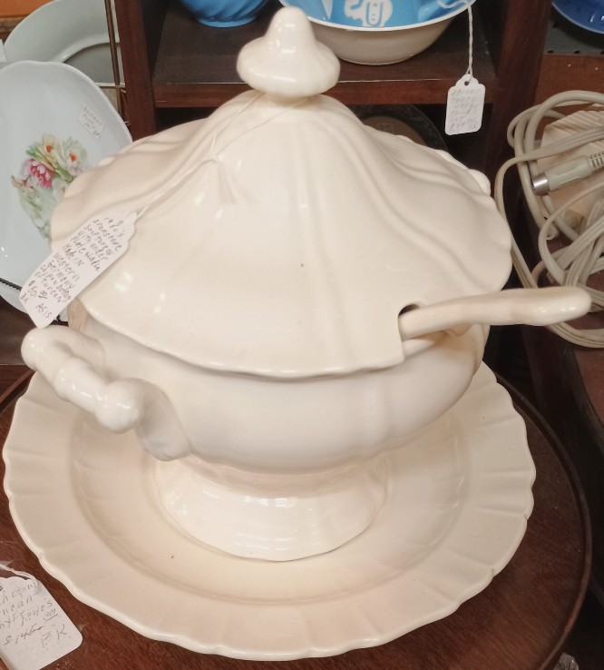 1950s Ironstone Soup Tureen with underplate and ladle available at BAHOUKAS ANTIQUE MALL in Havre de Grace, MD