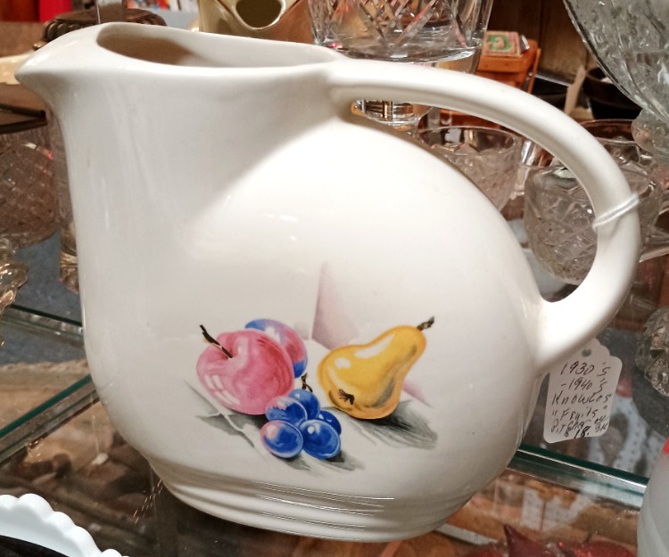 Vintage Edwin Knowles Refrigerator Pitcher Utility Ware Jug. Water Juice Jug. 1920s-1940's - features apple, pear, and blueberries - available at BAHOUKAS ANTIQUE MALL in Havre de Grace MD