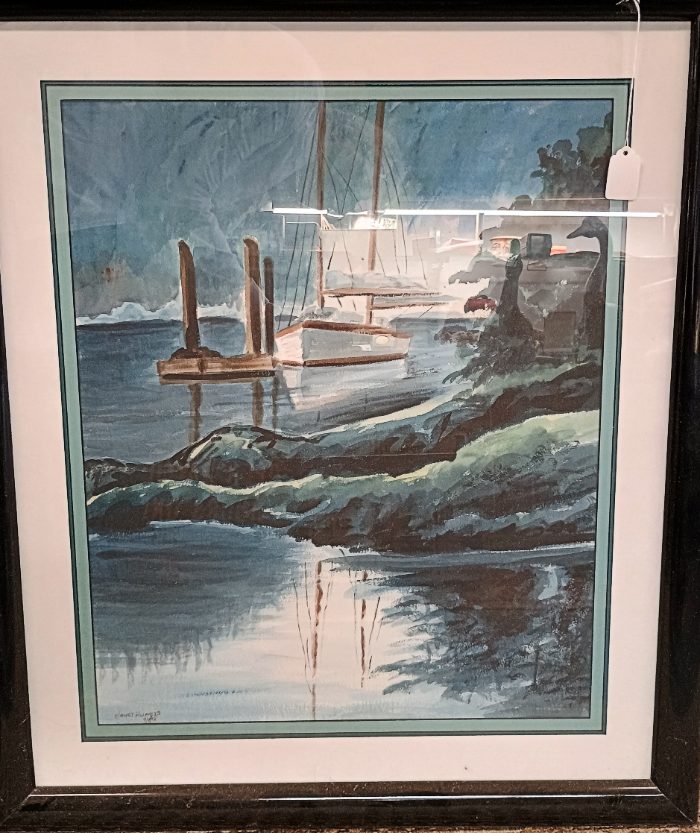 Beautiful waterfront painting by the late Janet Hughes available at BAHOUKAS ANTIQUE MALL in Havre de Grace
