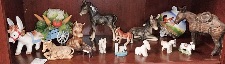 the cutest donkey figures - part of the 'Collections' that can be found at BAHOUKAS ANTIQUE MALL in Havre de Grace MD