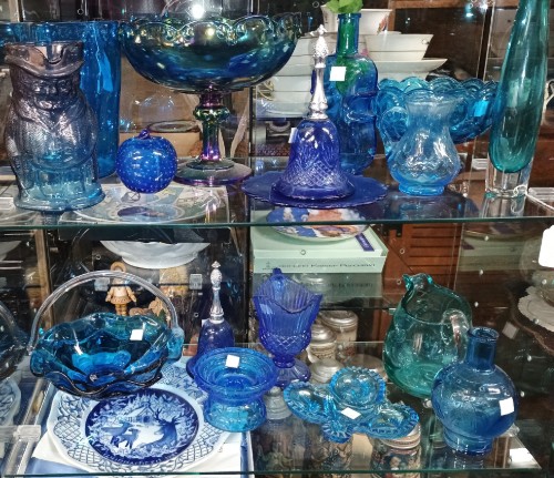 blue glass vases and bowls and more - part of the 'Collections' that can be found at BAHOUKAS ANTIQUE MALL in Havre de Grace MD
