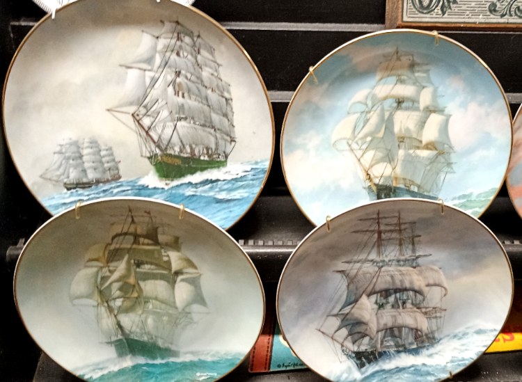 Decorative sailing vessel plates available at BAHOUKAS ANTIQUE MALL in Have de Grace.
