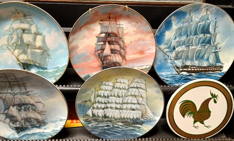 Decorate sailing vessel plates available at BAHOUKAS ANTIQUE MALL in Have de Grace.