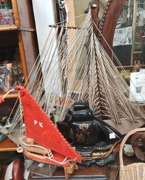 Two decorative sailing vessels at BAHOUKAS ANTIQUE MALL in Have de Grace.
