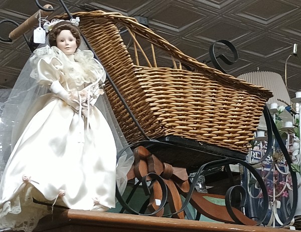 vintage stroller and bride doll - part of the 'Collections' that can be found at BAHOUKAS ANTIQUE MALL in Havre de Grace MD
