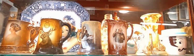 A variety of unique mugs from a vintage lady to a deer head and more - available at BAHOUKAS ANTIQUE MALL in Havre de Grace, MD