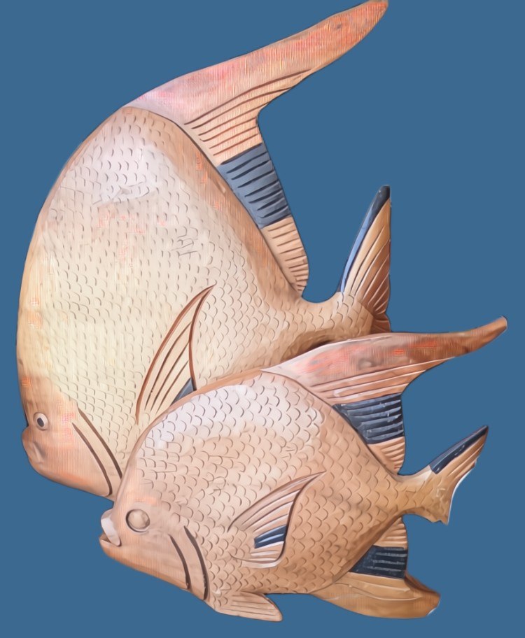 Beautiful pair of carved fish to sit on a shelf - available at BAHOUKAS ANTIQUE MALL in Havre de Grace, MD