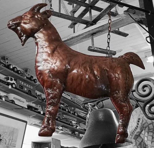 A stunning copper Goat hanging from a cast-iron bracket available at Bahoukas Antique Mall in Havre de Grace MD