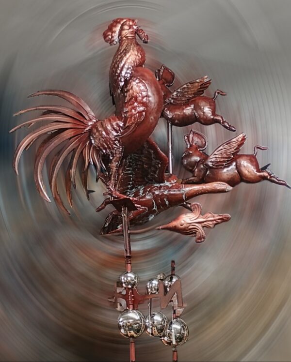 Stunning copper weathervanes that include a huge Rooster, 3 Flying Pigs, and a Flying Duck. Available at Bahoukas Antiques in Havre de Grace MD