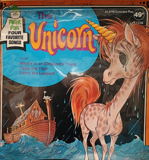The UNICORN and 3 other story/songs on 45rpm records available at BAHOUKAS ANTIQUE MALL in Havre de Grace