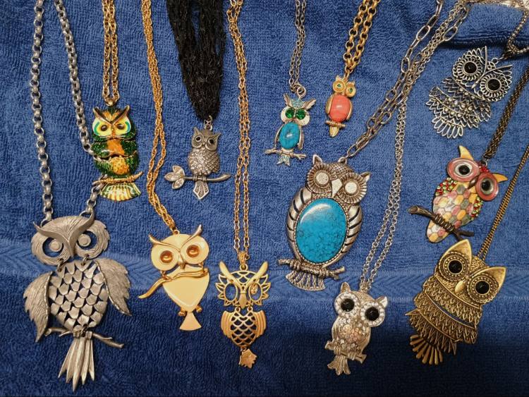 A wonderful collection of owl pendants available at Bahoukas Antique Mall in Havre de Grace MD