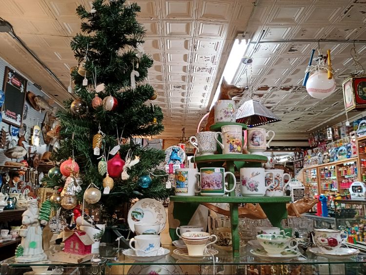 Christmas ornaments, mugs, teacups - half price if marked "BK" at Bahoukas Antique Mall in Havre de Grace
