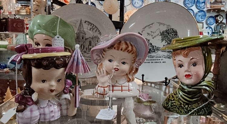 head vases, collector plates, and more - half price if marked "BK" at Bahoukas Antique Mall in Havre de Grace