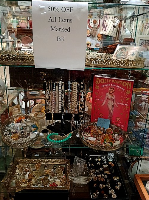 bracelets, pins, brooches, earrings, and necklaces - half price if marked "BK" at Bahoukas Antique Mall in Havre de Grace
