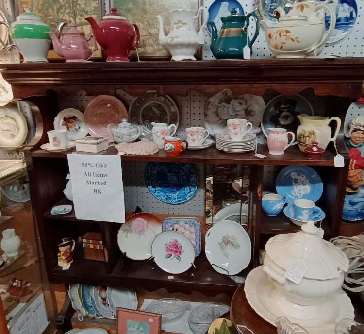 teapots, teacups, pitchers, decorator plates, and more - half price if marked "BK" at Bahoukas Antique Mall in Havre de Grace