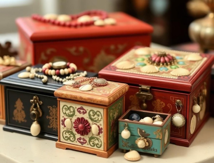 a sampling of gift boxes, decorated with  shells, jewelry,   gems, and painted. (AI generated image)
