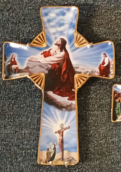 Close-up showing the exquisite detail of one of the scenes (Agony in the Garden) of the 5 cross set featuring the Crucifixion of Christ from the Franklin Mint Collection, 1998, limited edition