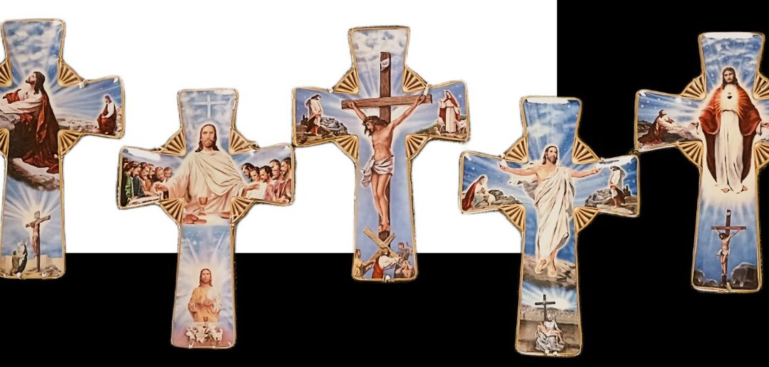 Beautiful full set of 5 Crosses from the Franklin Mint Heirloom Recommendation - 1998 - featuring 'Agony in the Garden,' 'The Blessed Sacrament,' 'The Crucifixion of Christ,' 'The Resurrection of Christ,' and 'The Sacred Heart of Christ.' Vivid colors with gold trim and complete with wire plate hangers. All available at BAHOUKAS ANTIQUE MALL in Havre de Grace, MD.